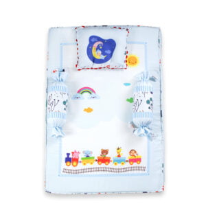 pimsa india new born baby product bedding set with mosquito net bolster and pillow blue color animal theme latest front view