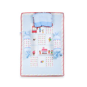 pimsa india new born baby product bedding set with mosquito net bolster and pillow sky blue color ice cream theme latest front view