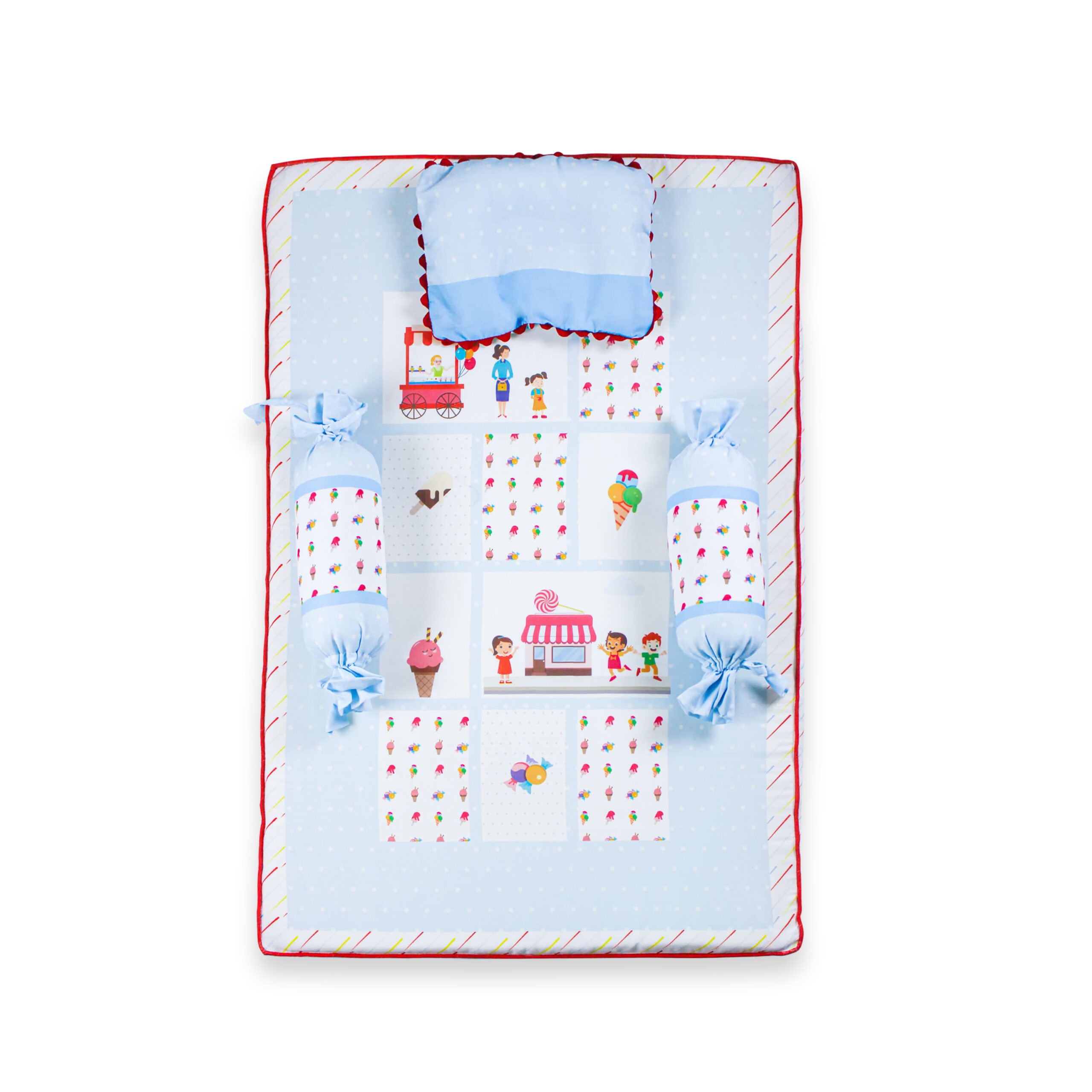 pimsa india new born baby product bedding set with mosquito net bolster and pillow sky blue color ice cream theme latest front view