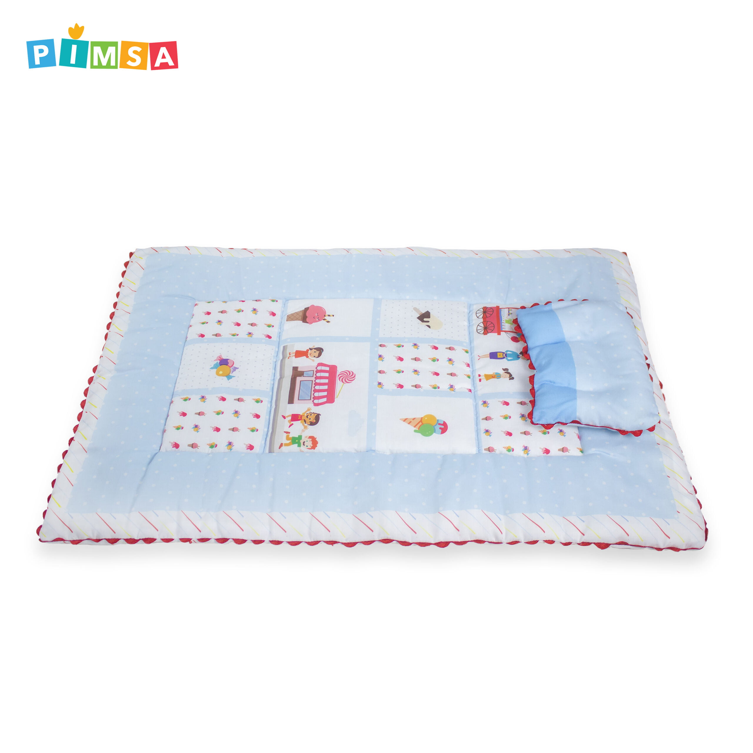 pimsa india new born baby quilt with dry sheet and pillow sky blue color ice cream theme side view