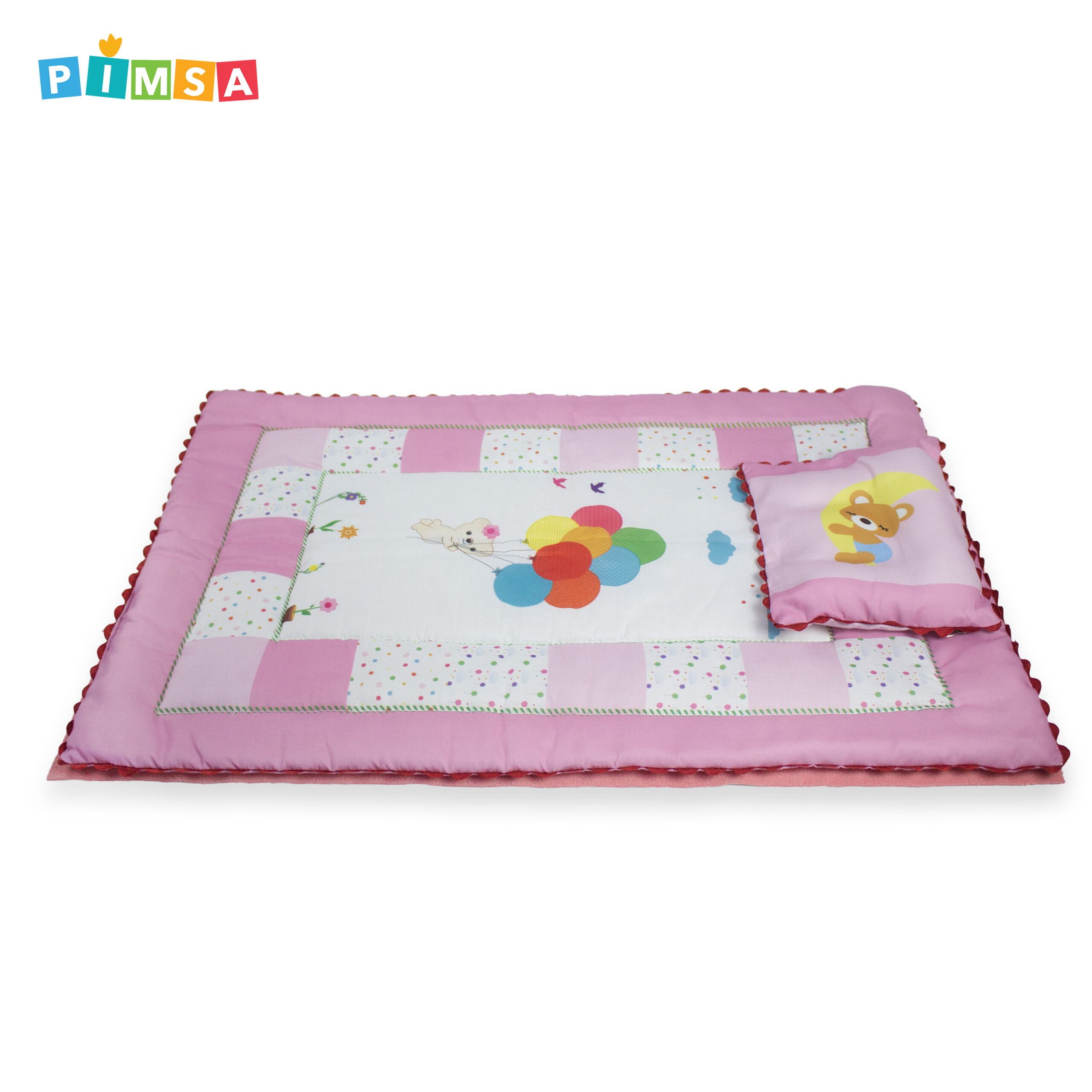 pimsa india new born baby quilt with dry sheet and pillow pink color ballon theme side view