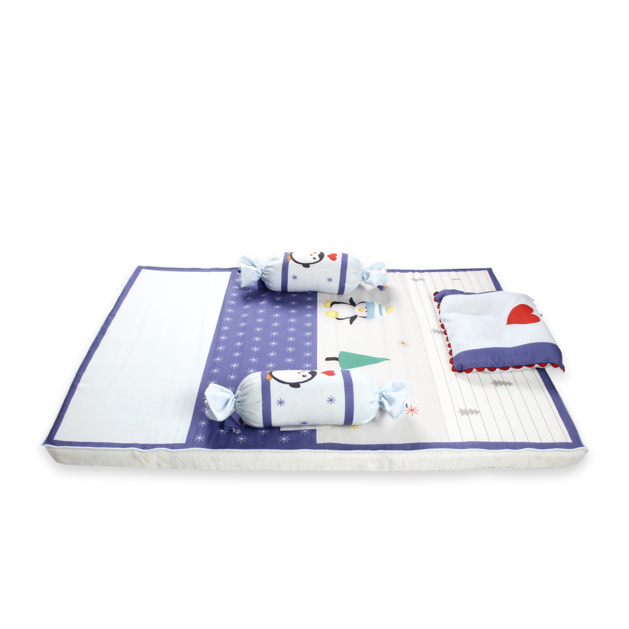 pimsa india new born baby product bedding set with mosquito net bolster and pillow blue color penguin theme side view