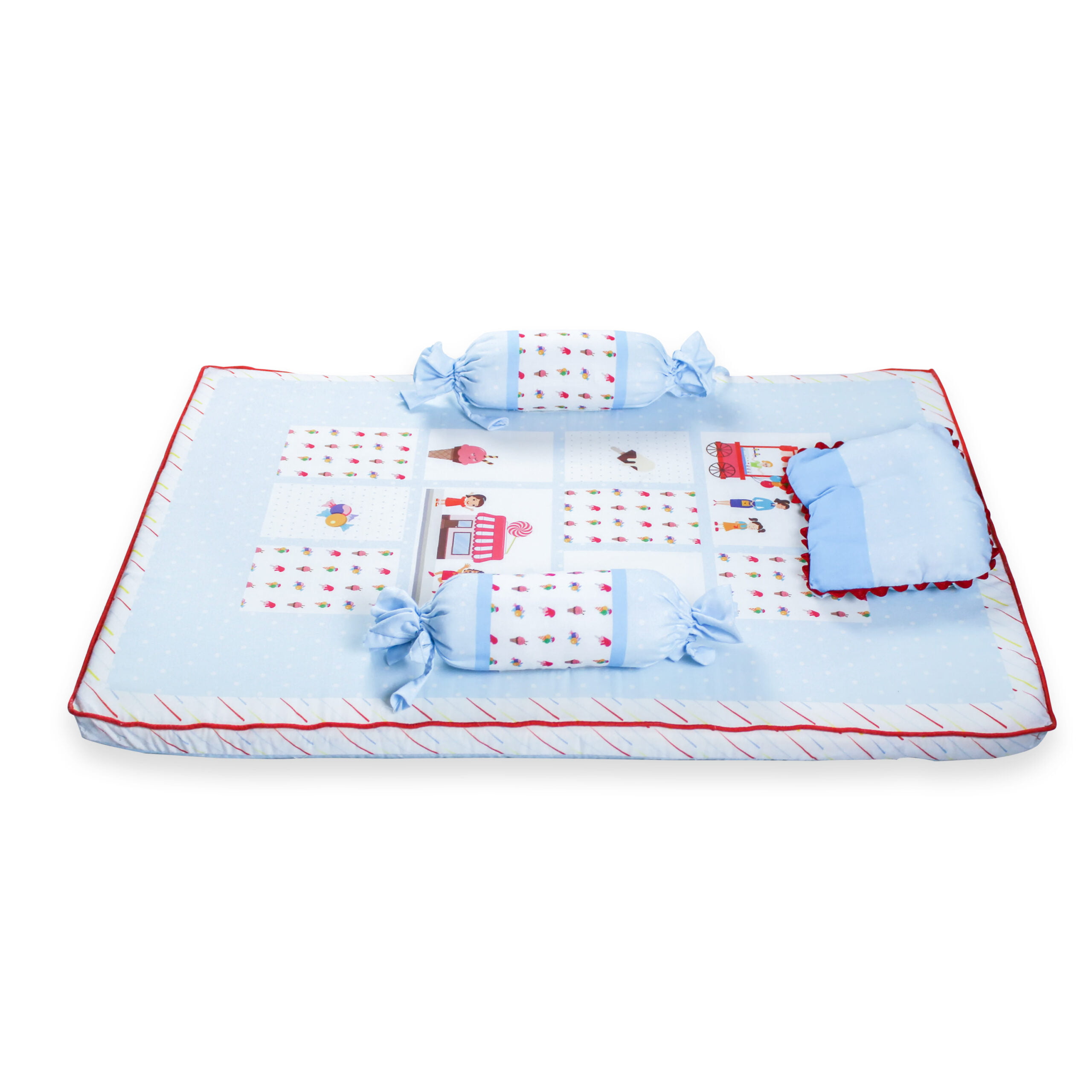 pimsa india new born baby product bedding set with mosquito net bolster and pillow sky blue color ice cream theme side view