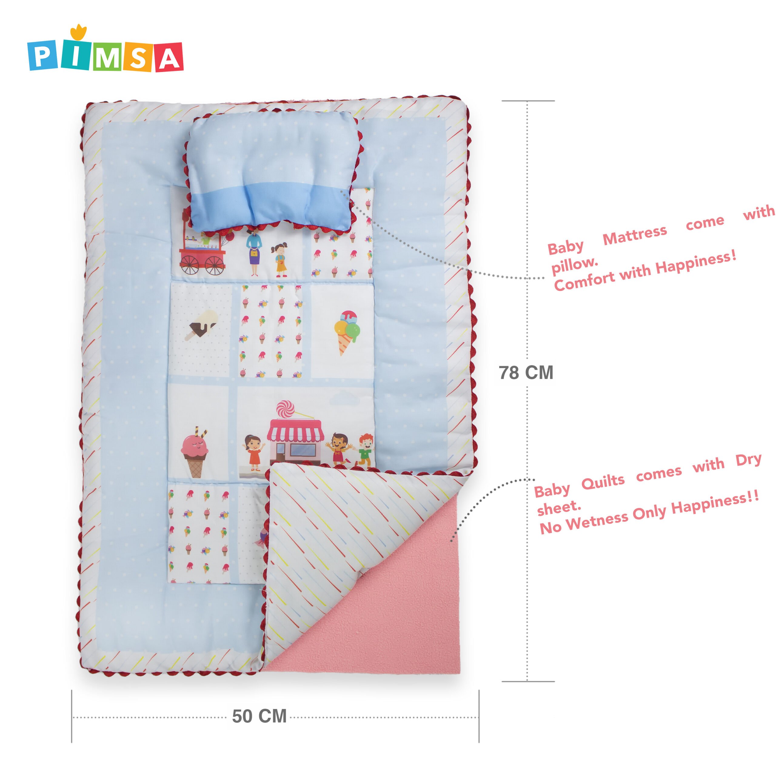 pimsa india new born baby quilt with dry sheet and pillow sky blue color ice cream theme dimension details