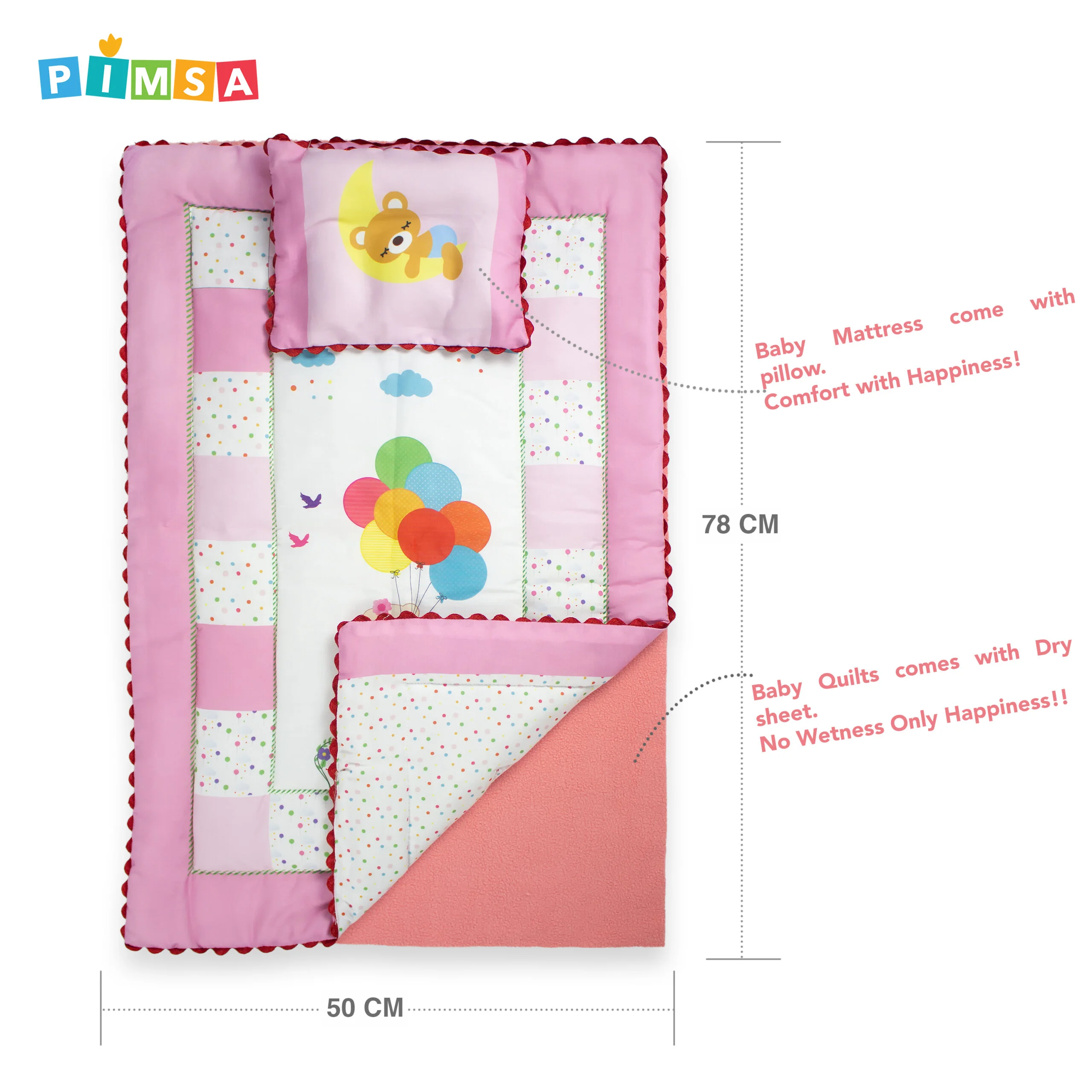pimsa india new born baby quilt with dry sheet and pillow pink color ballon theme dimension details
