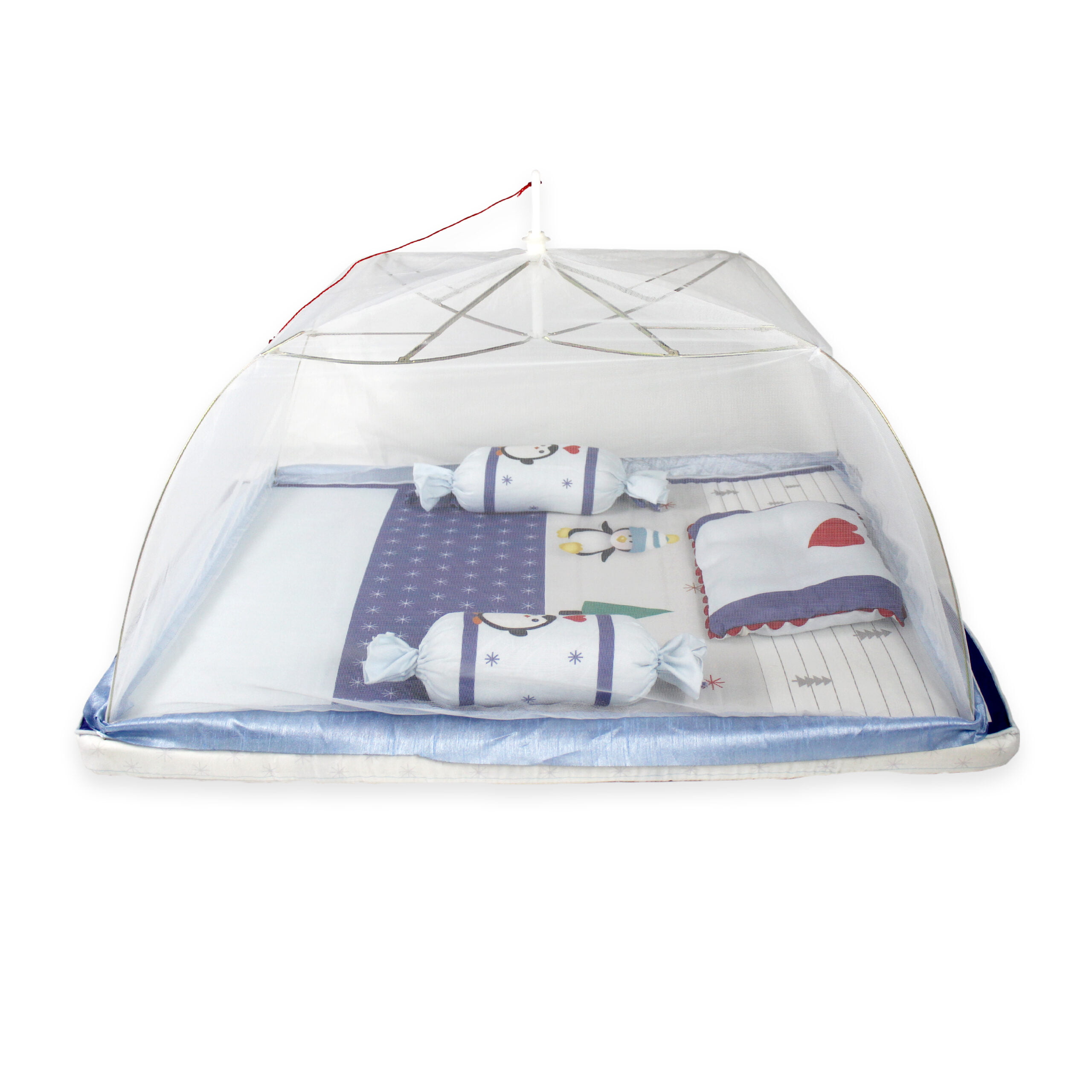 pimsa india new born baby product bedding set with mosquito net bolster and pillow blue color penguin theme with mosquito net view