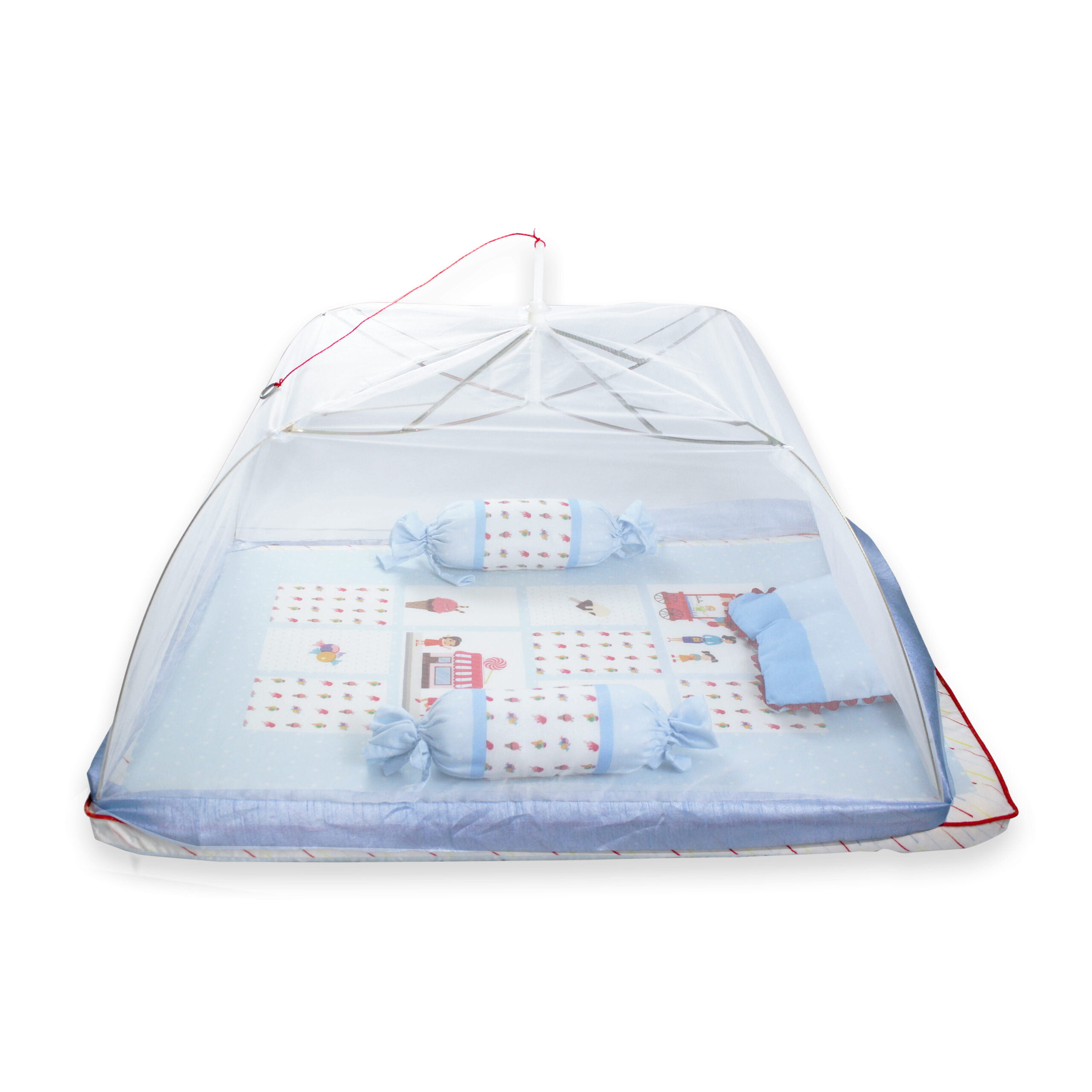 pimsa india new born baby product bedding set with mosquito net bolster and pillow sky blue color ice cream theme with mosquito net view