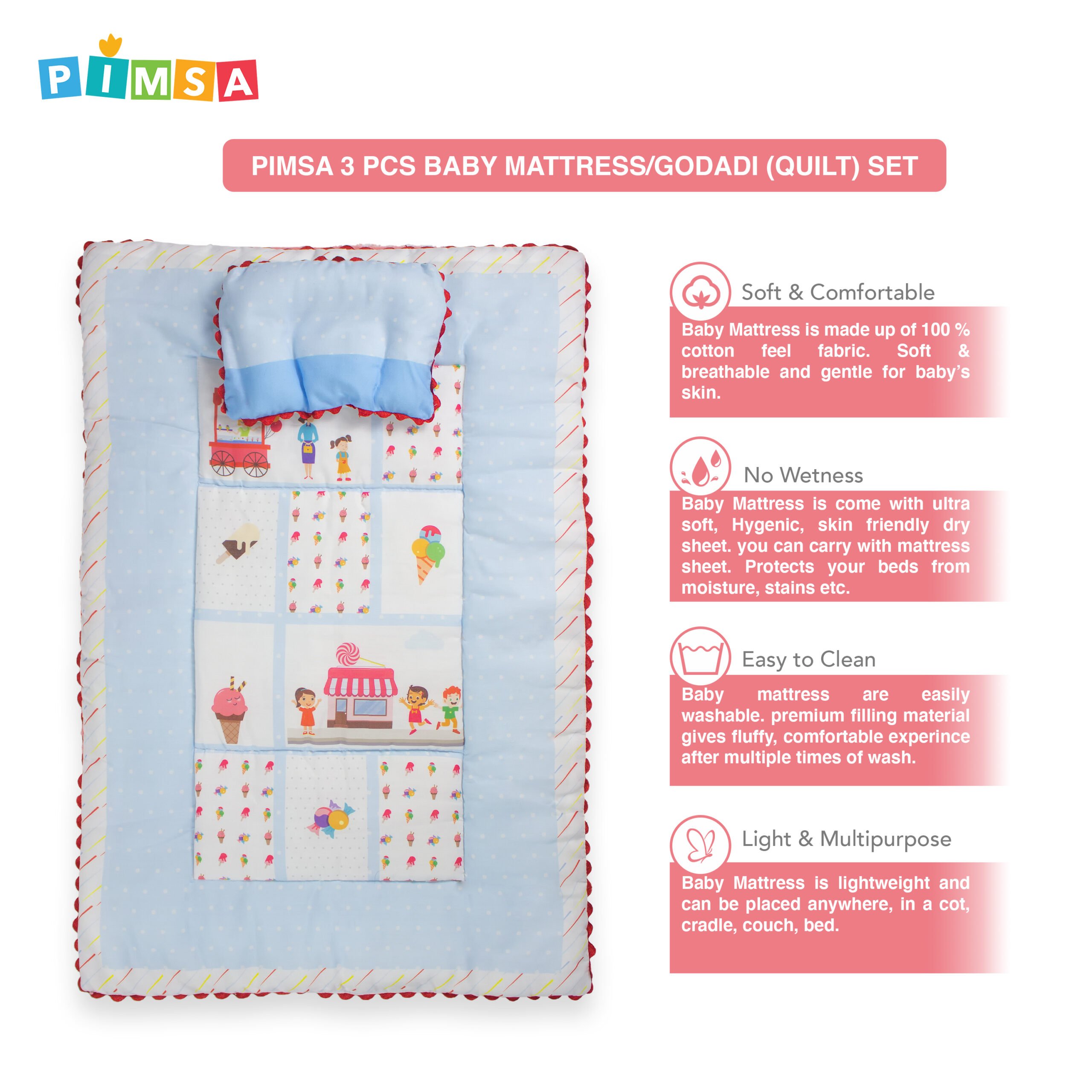 pimsa india new born baby quilt with dry sheet and pillow sky blue color ice cream theme features