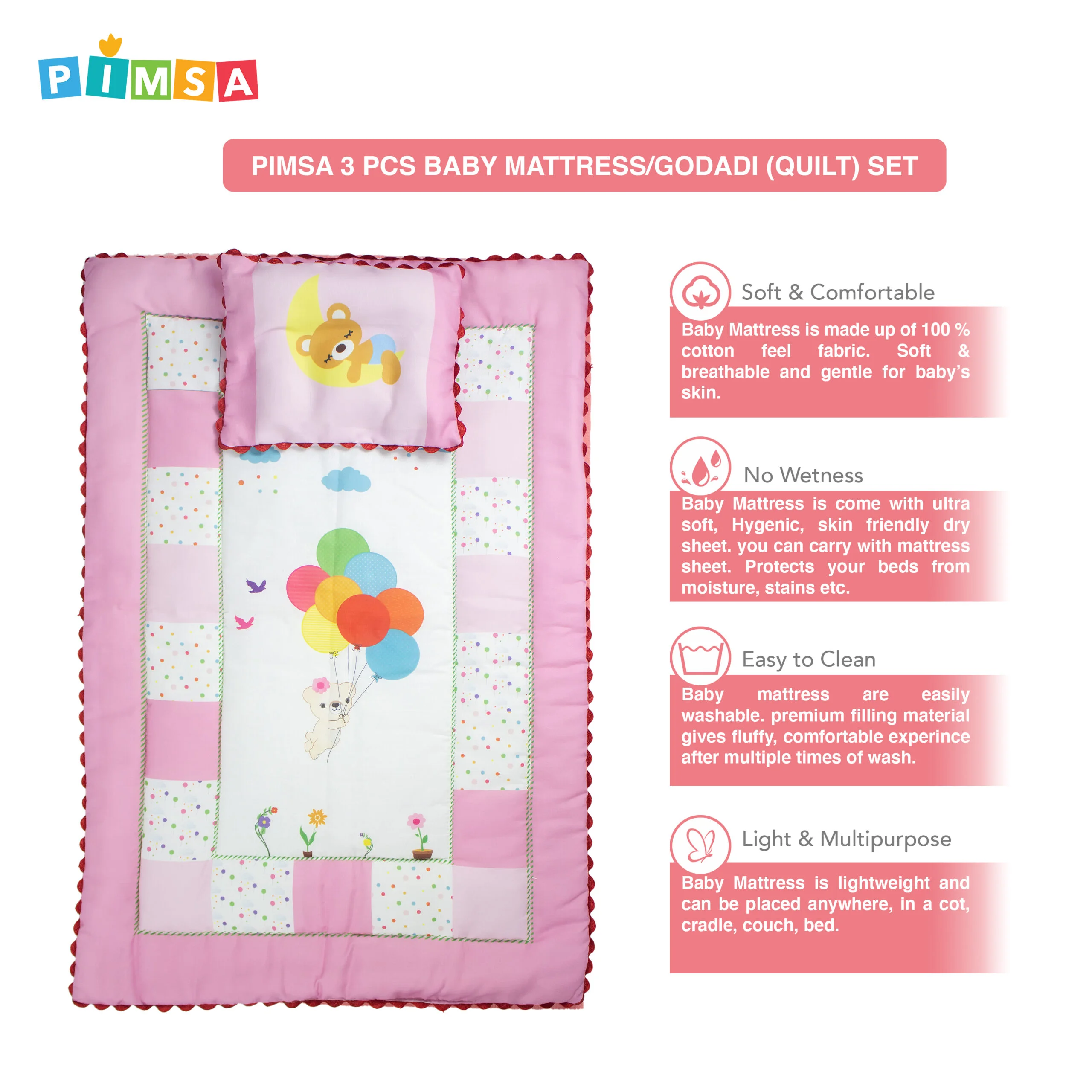pimsa india new born baby quilt with dry sheet and pillow pink color ballon theme features