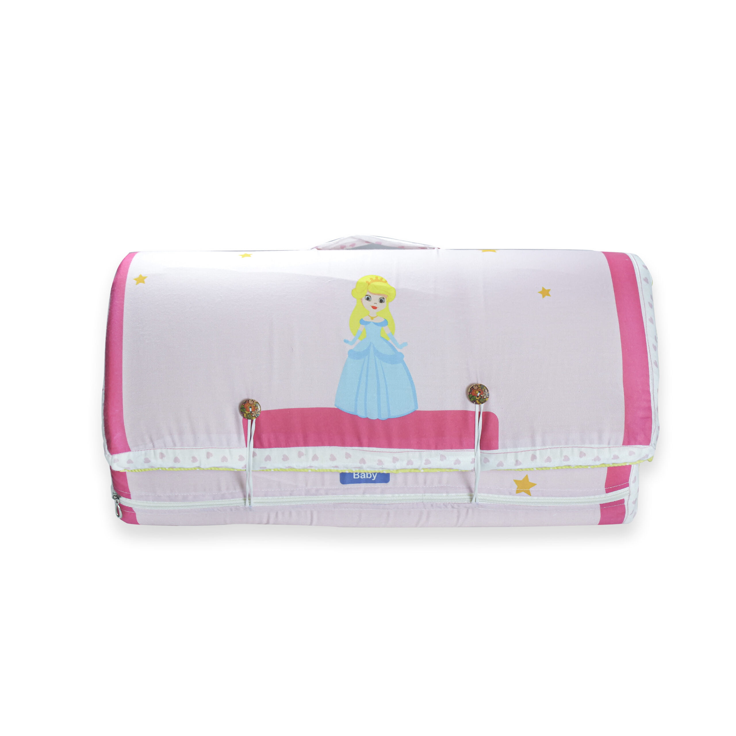 pimsa india new born baby product bedding set with mosquito net bolster and pillow pink color doll theme bag pack view