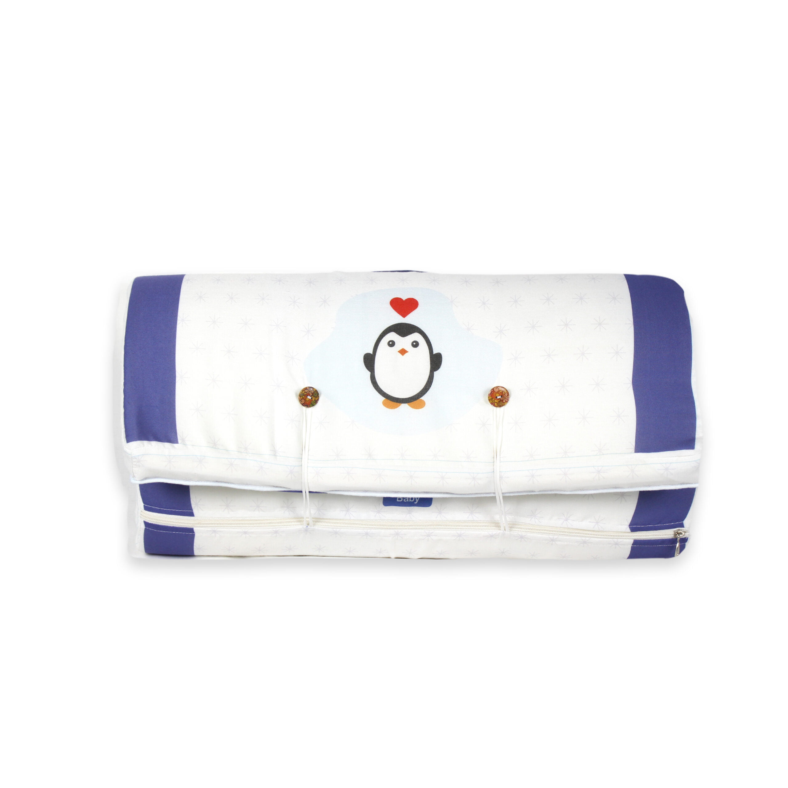 pimsa india new born baby product bedding set with mosquito net bolster and pillow blue color penguin theme bag pack view