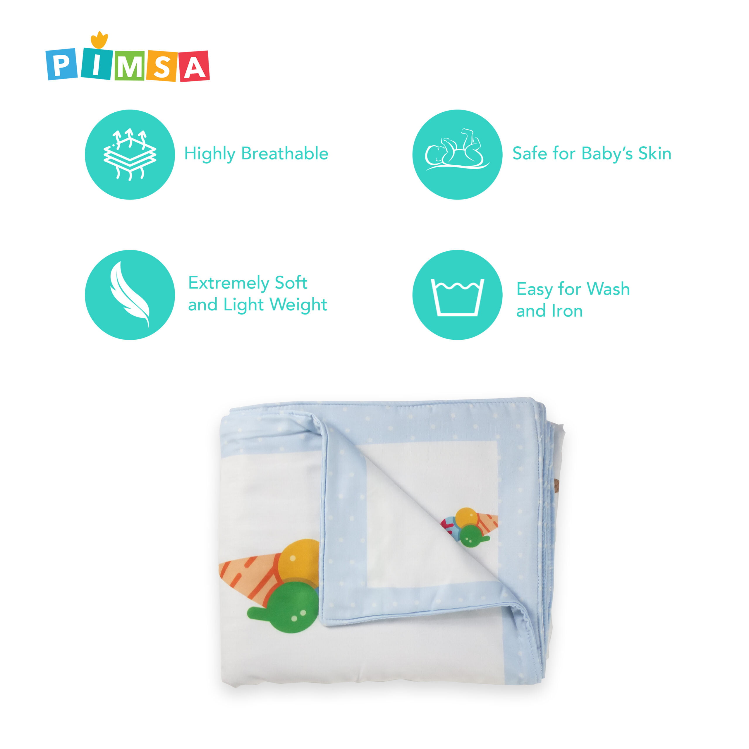pimsa india new born cotton multilayer breathable baby blanket dohar for gifting sky blue color ice cream theme features view