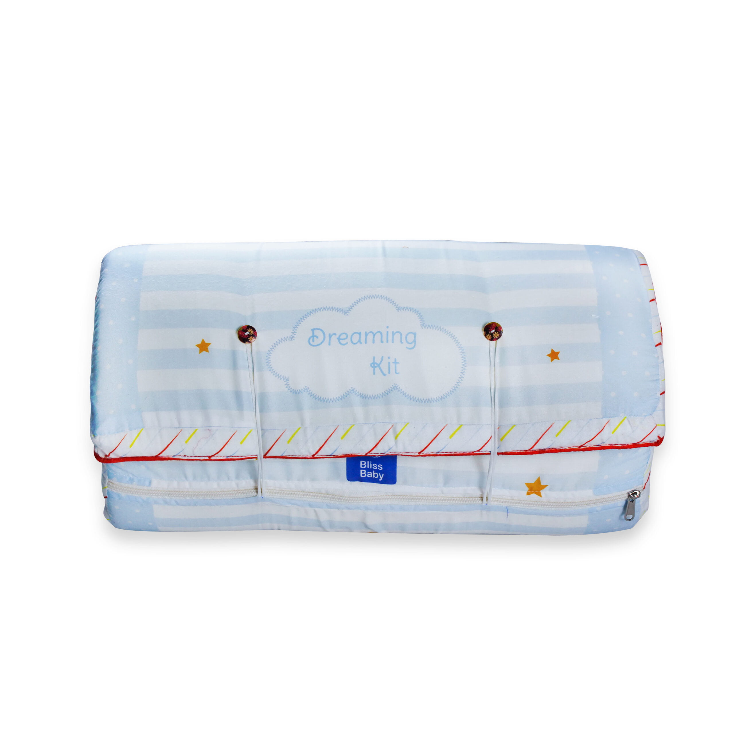 pimsa india new born baby product bedding set with mosquito net bolster and pillow sky blue color ice cream theme bag pack view