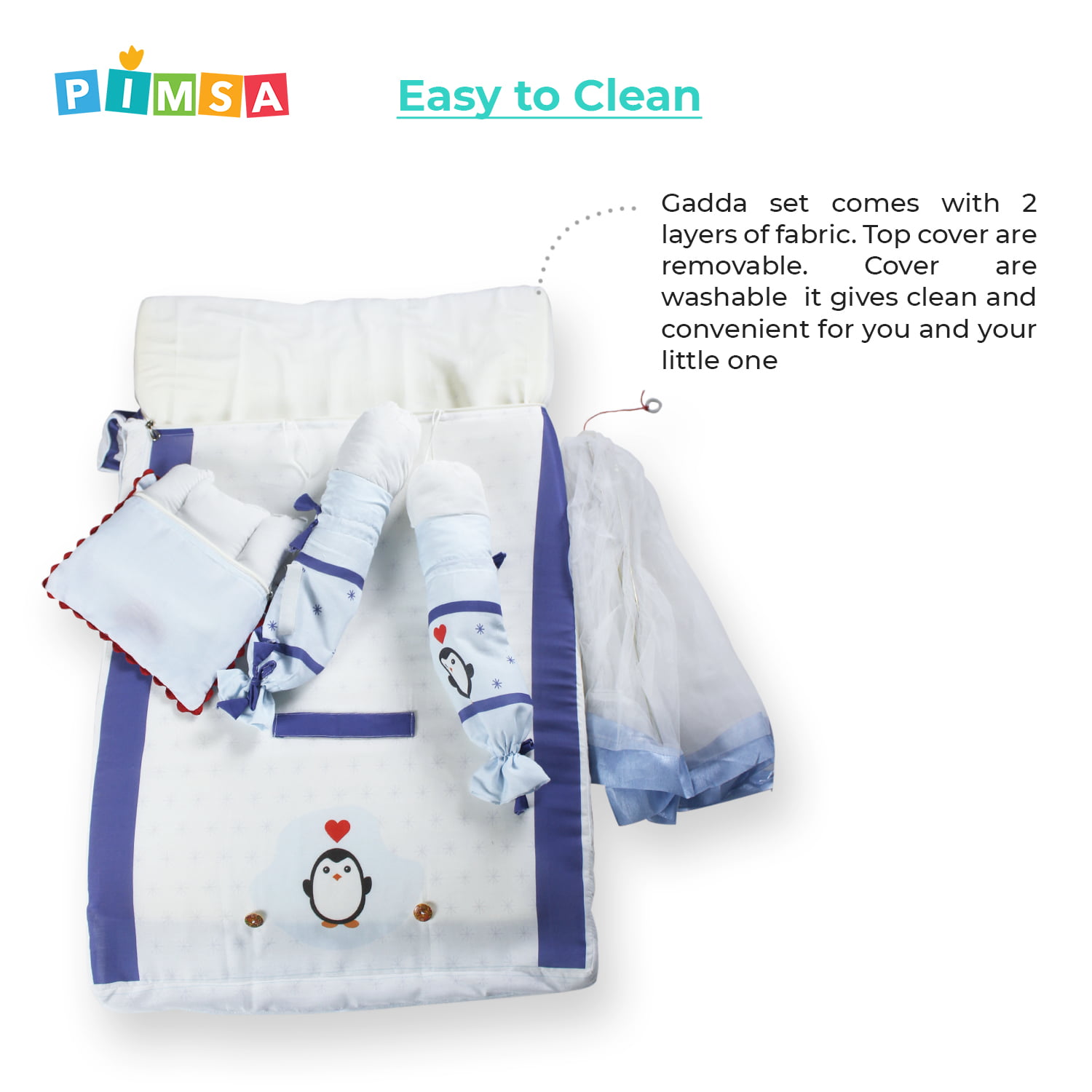pimsa india new born baby product bedding set with mosquito net bolster and pillow blue color penguin theme washable with cover