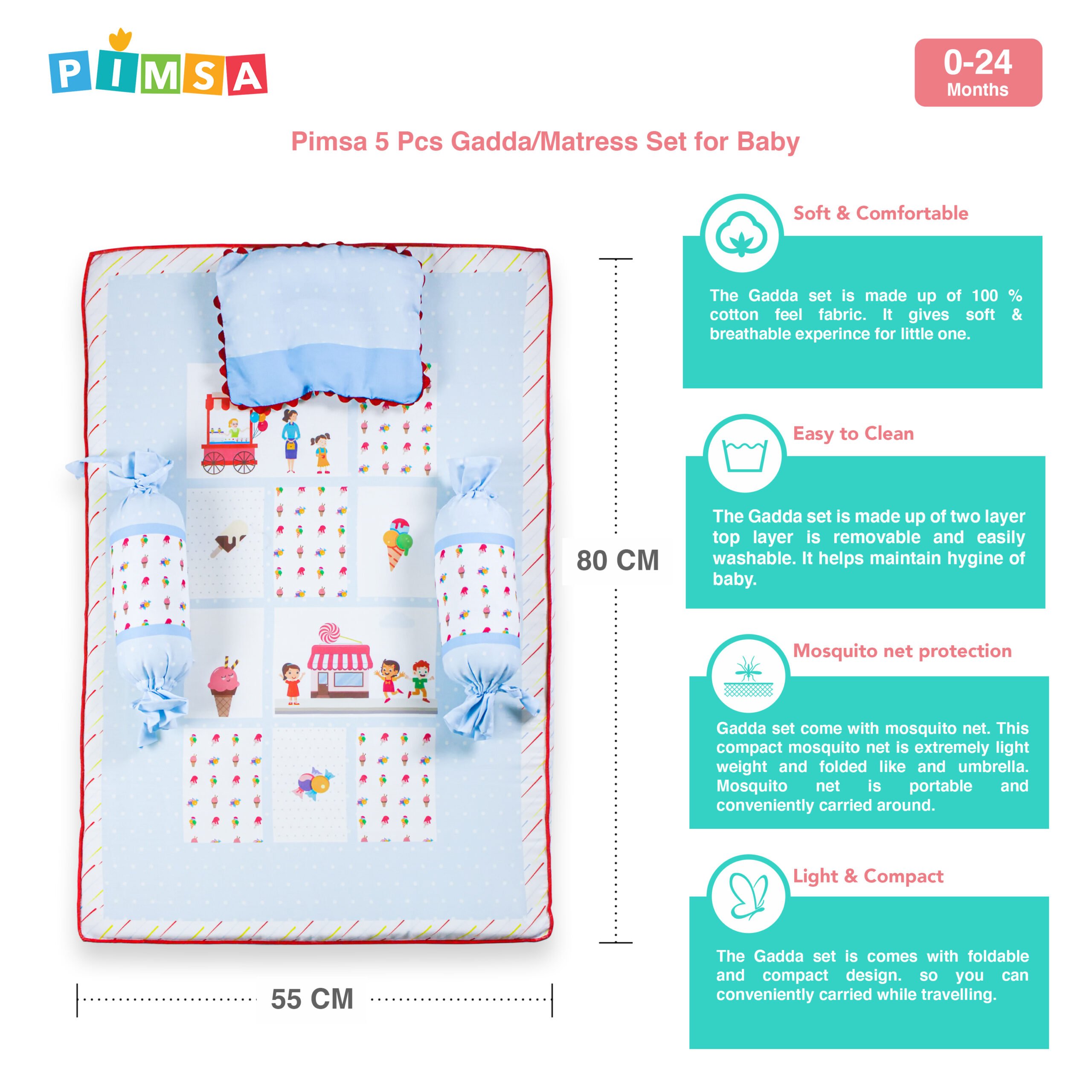 pimsa india new born baby product bedding set with mosquito net bolster and pillow sky blue color ice cream theme features view
