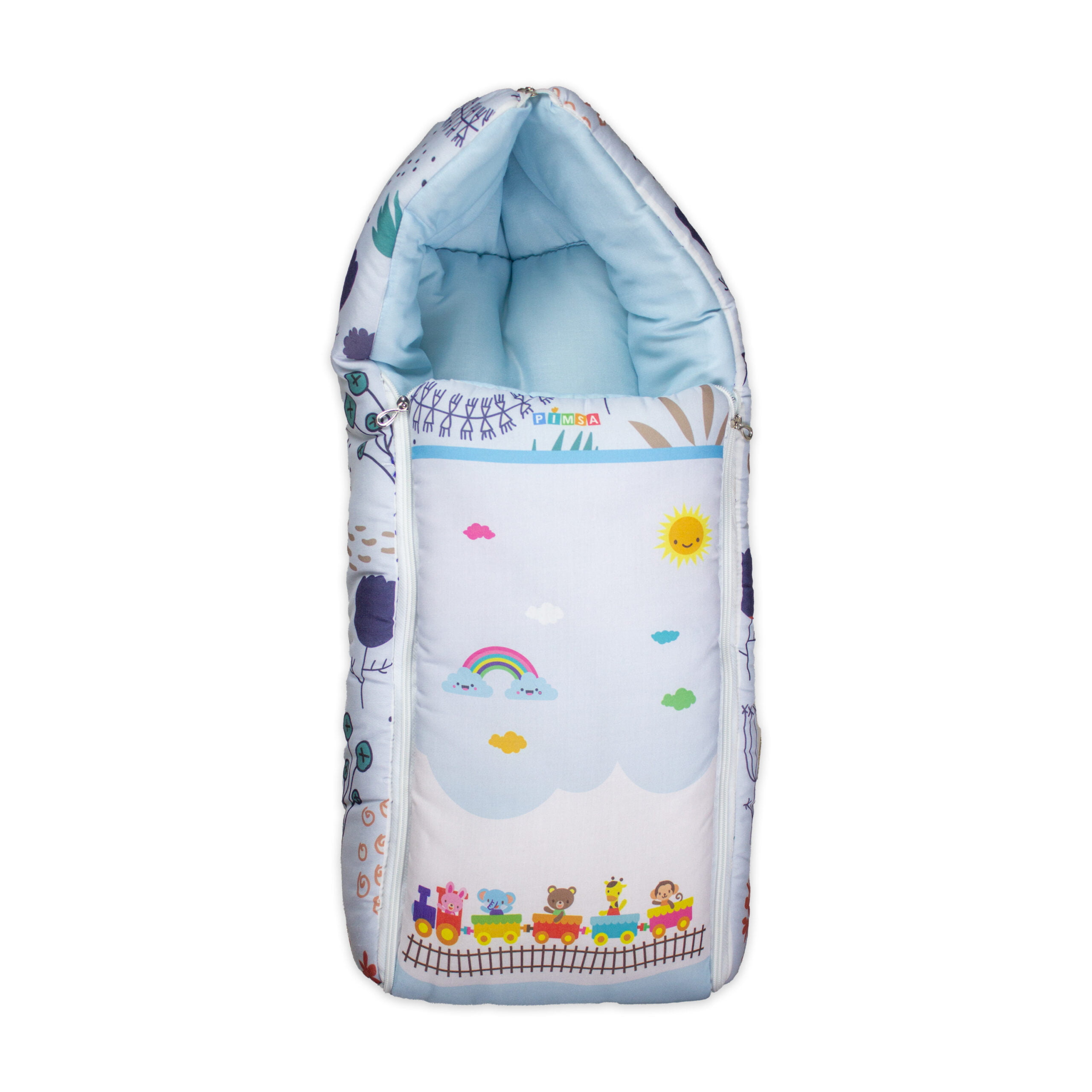 pimsa india Extra Fluffy Sleeping Bag and Convertible for new Born Baby blue color animal theme front view
