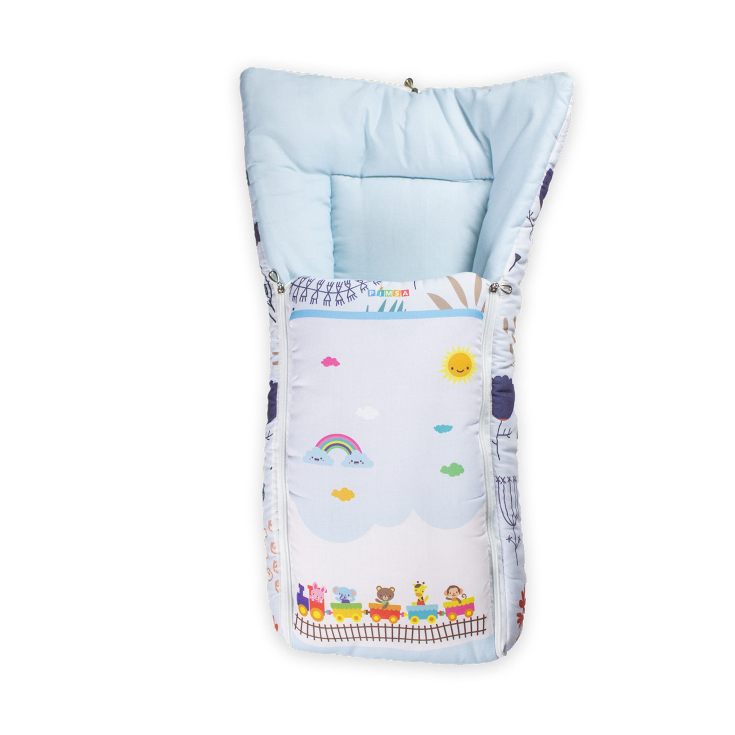 pimsa india Extra Fluffy Sleeping Bag and Convertible for new Born Baby blue color animal theme top view with head open