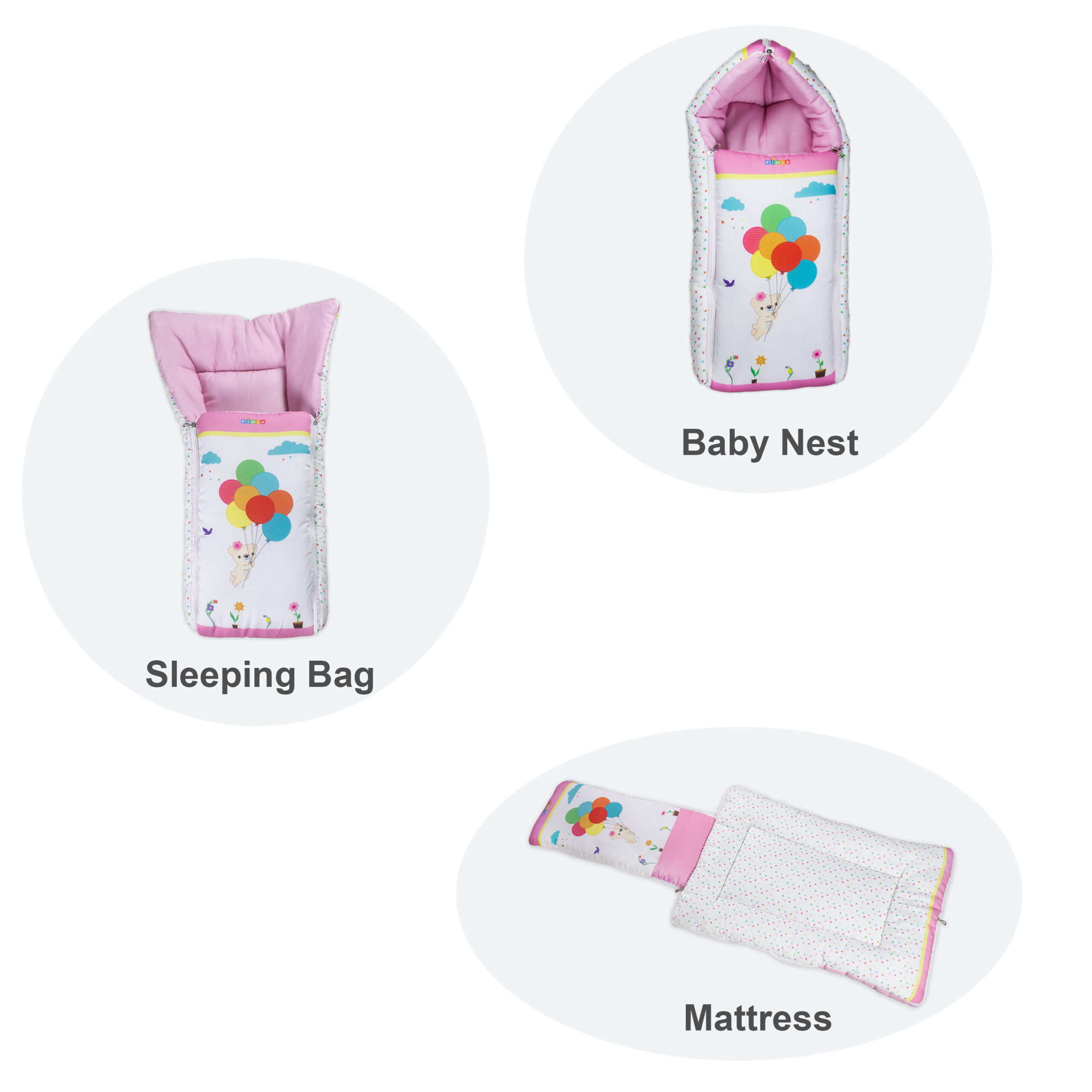 pimsa india Extra Fluffy Sleeping Bag and Convertible for new Born Baby pink color ballon theme 3 in 1