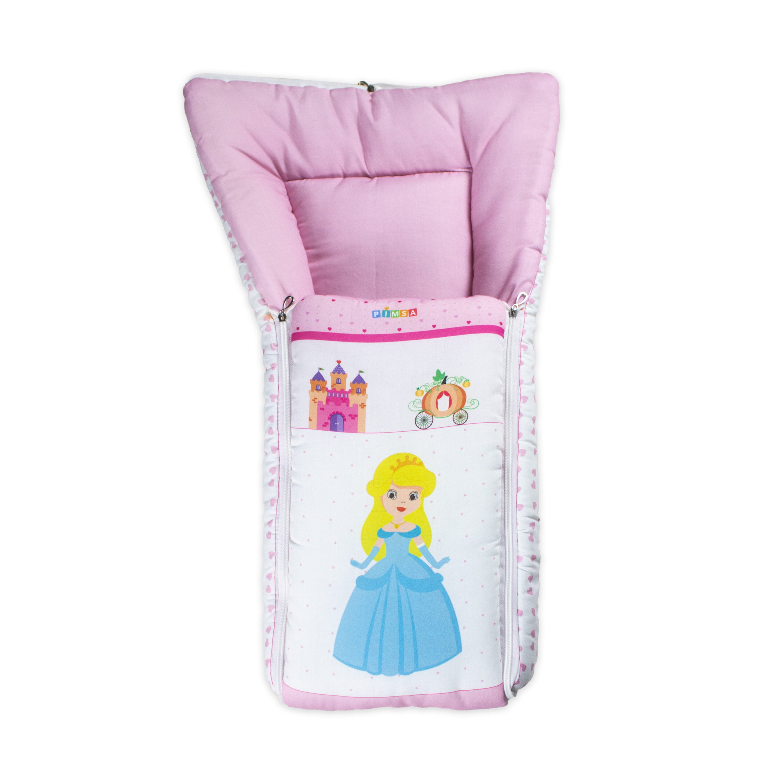 pimsa india Extra Fluffy Sleeping Bag and Convertible for new Born Baby pink color doll theme top view with head open