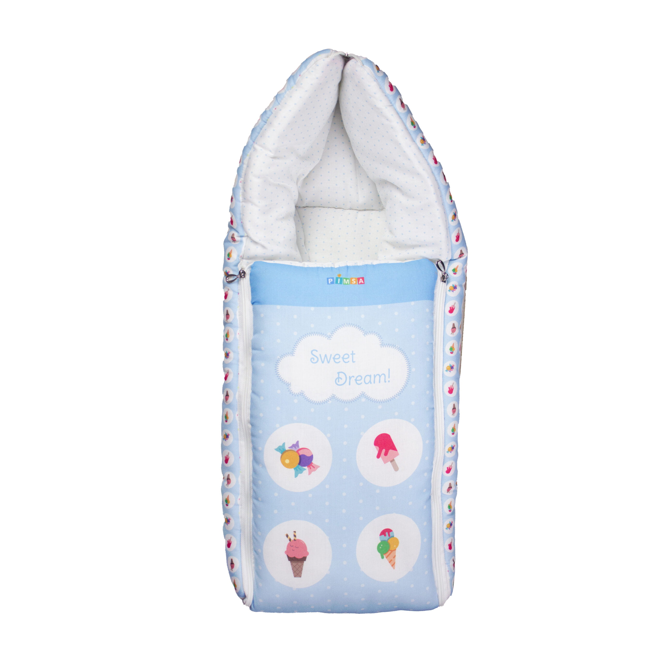 pimsa india Extra Fluffy Sleeping Bag and Convertible for new Born Baby sky blue color ice cream theme front view