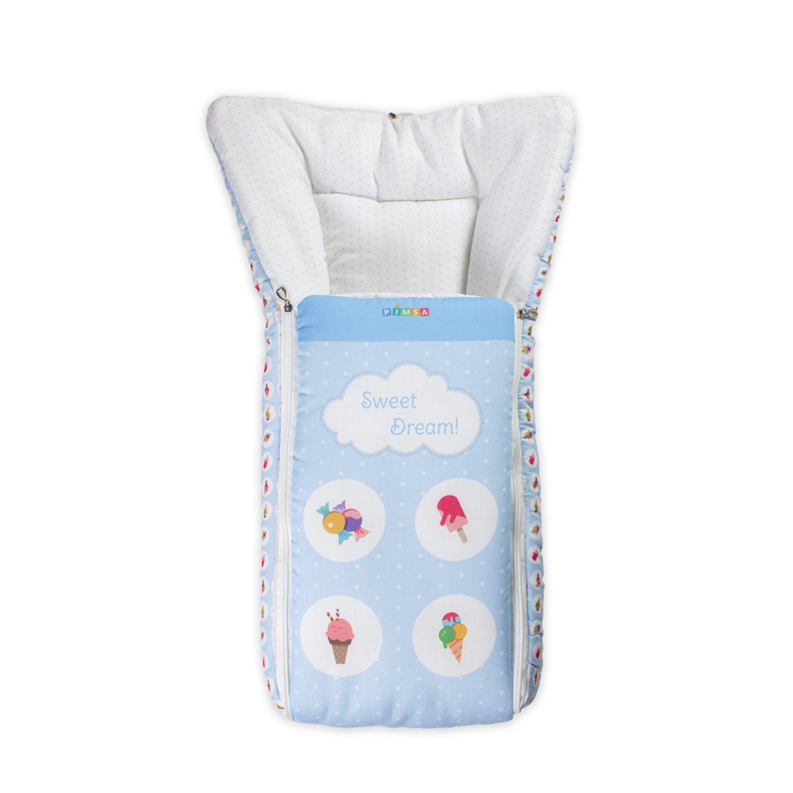 pimsa india Extra Fluffy Sleeping Bag and Convertible for new Born Baby sky blue color ice cream theme top view with head open