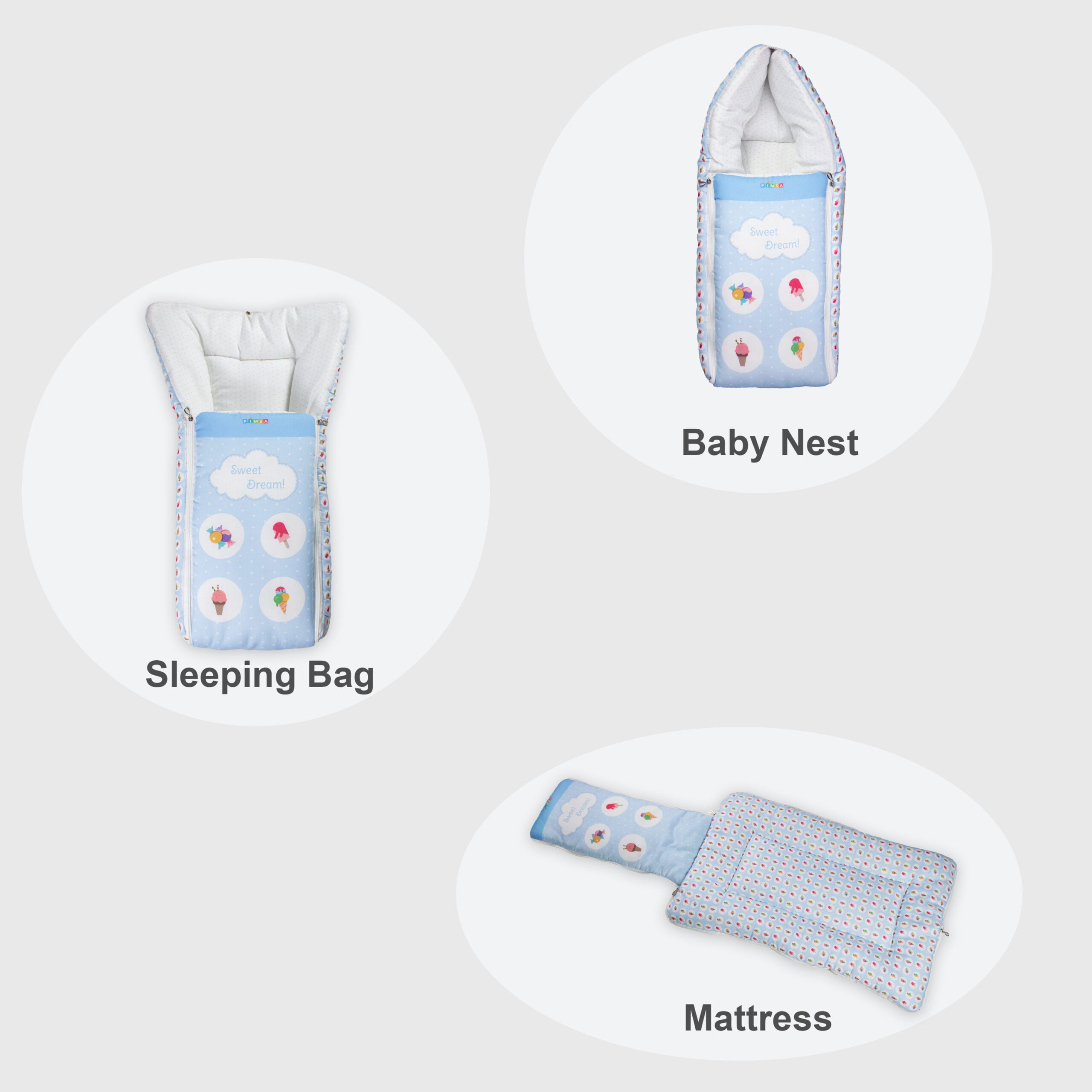 pimsa india Extra Fluffy Sleeping Bag and Convertible for new Born Baby sky blue color ice cream theme 3 in 1