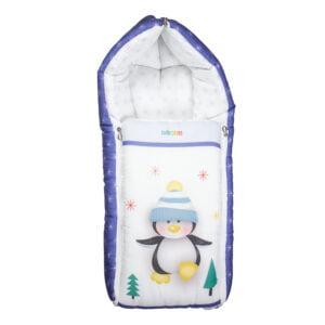 pimsa india Extra Fluffy Sleeping Bag and Convertible for new Born Baby blue color penguin theme front view