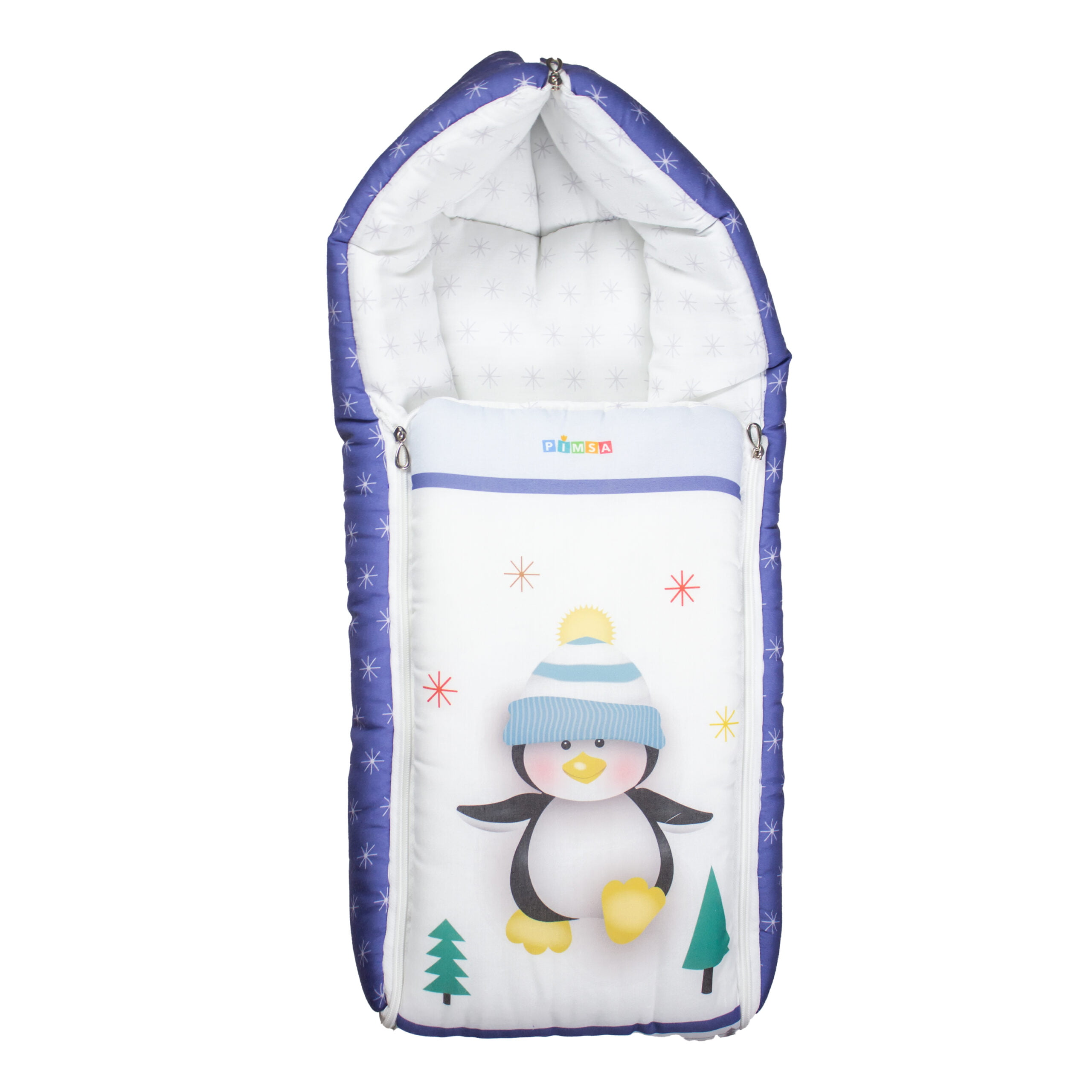 pimsa india Extra Fluffy Sleeping Bag and Convertible for new Born Baby blue color penguin theme front view