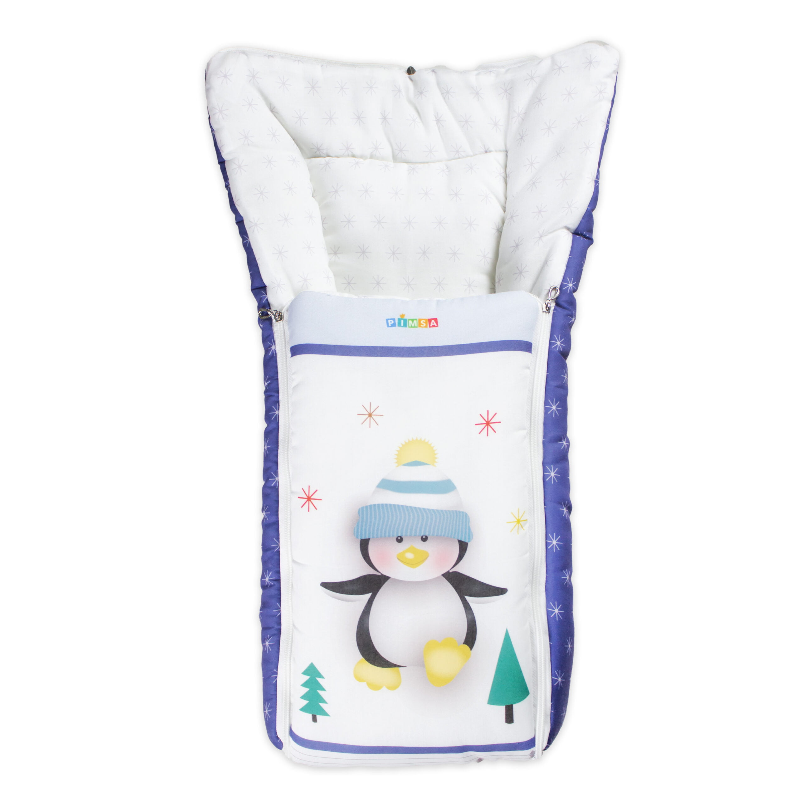 pimsa india Extra Fluffy Sleeping Bag and Convertible for new Born Baby blue color penguin theme top view with head open