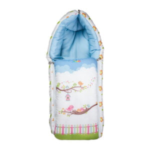 pimsa india Extra Fluffy Sleeping Bag and Convertible for new Born Baby light blue color sparrow theme front view
