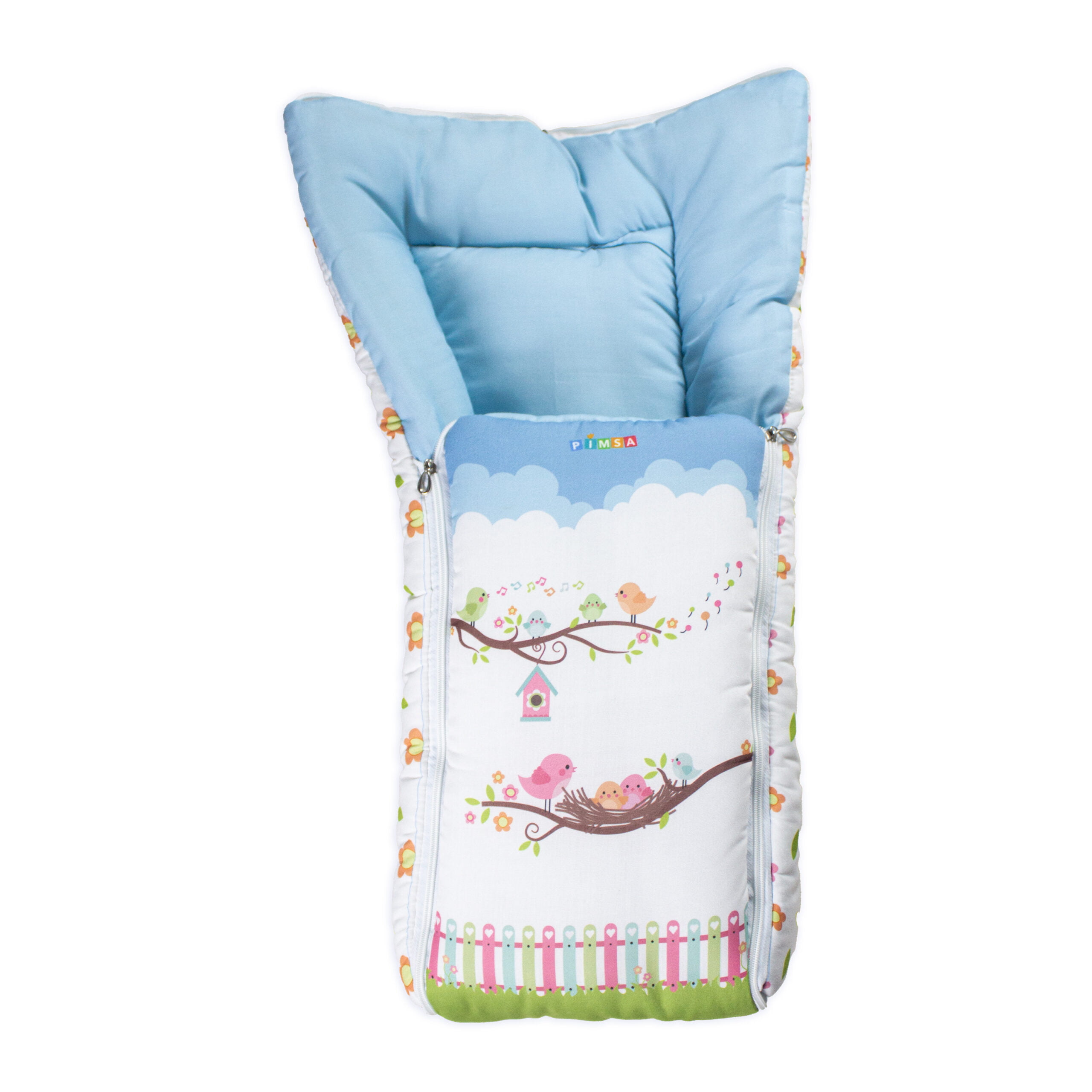 pimsa india Extra Fluffy Sleeping Bag and Convertible for new Born Baby light blue color sparrow theme top view with head open