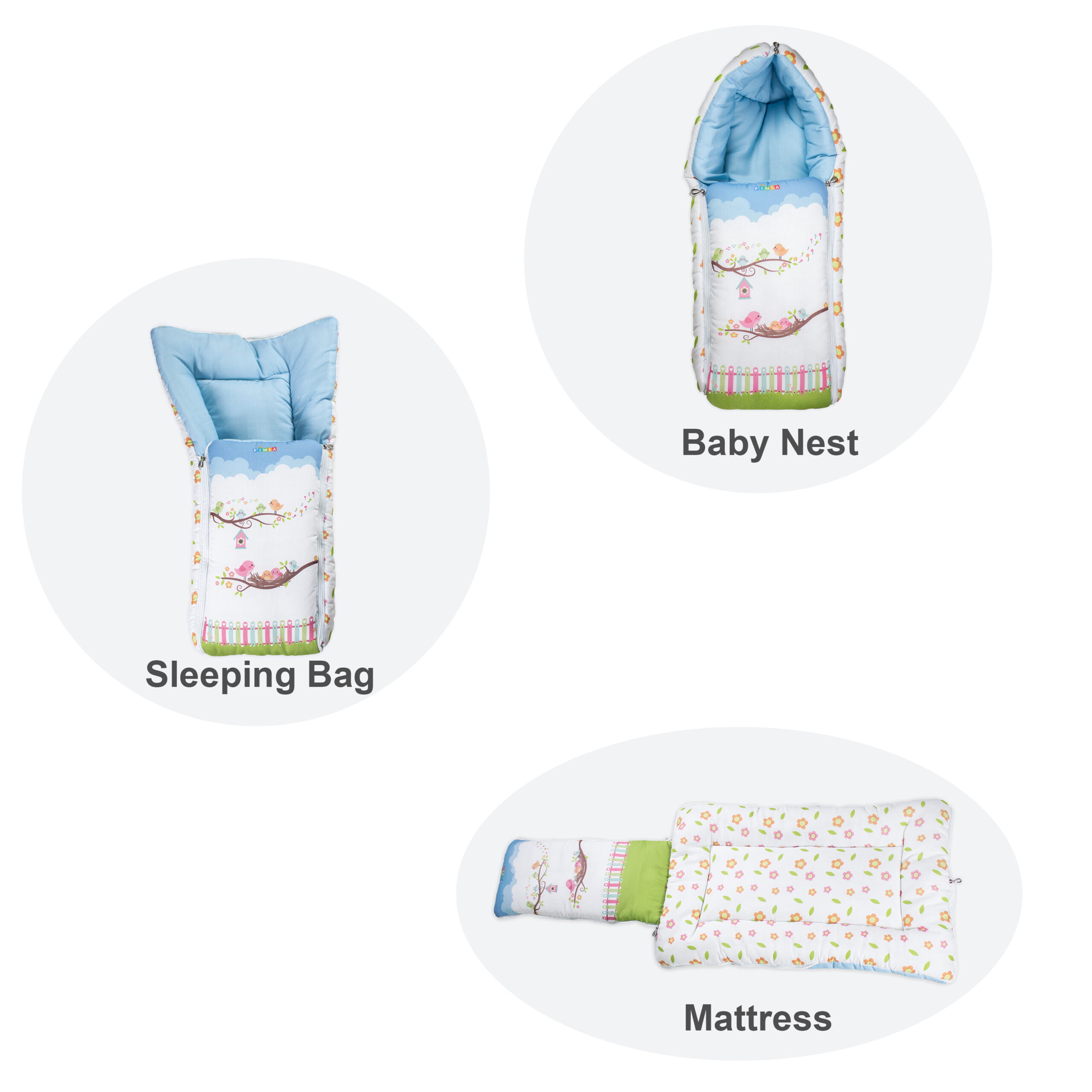 pimsa india Extra Fluffy Sleeping Bag and Convertible for new Born Baby light blue color sparrow theme 3 in 1