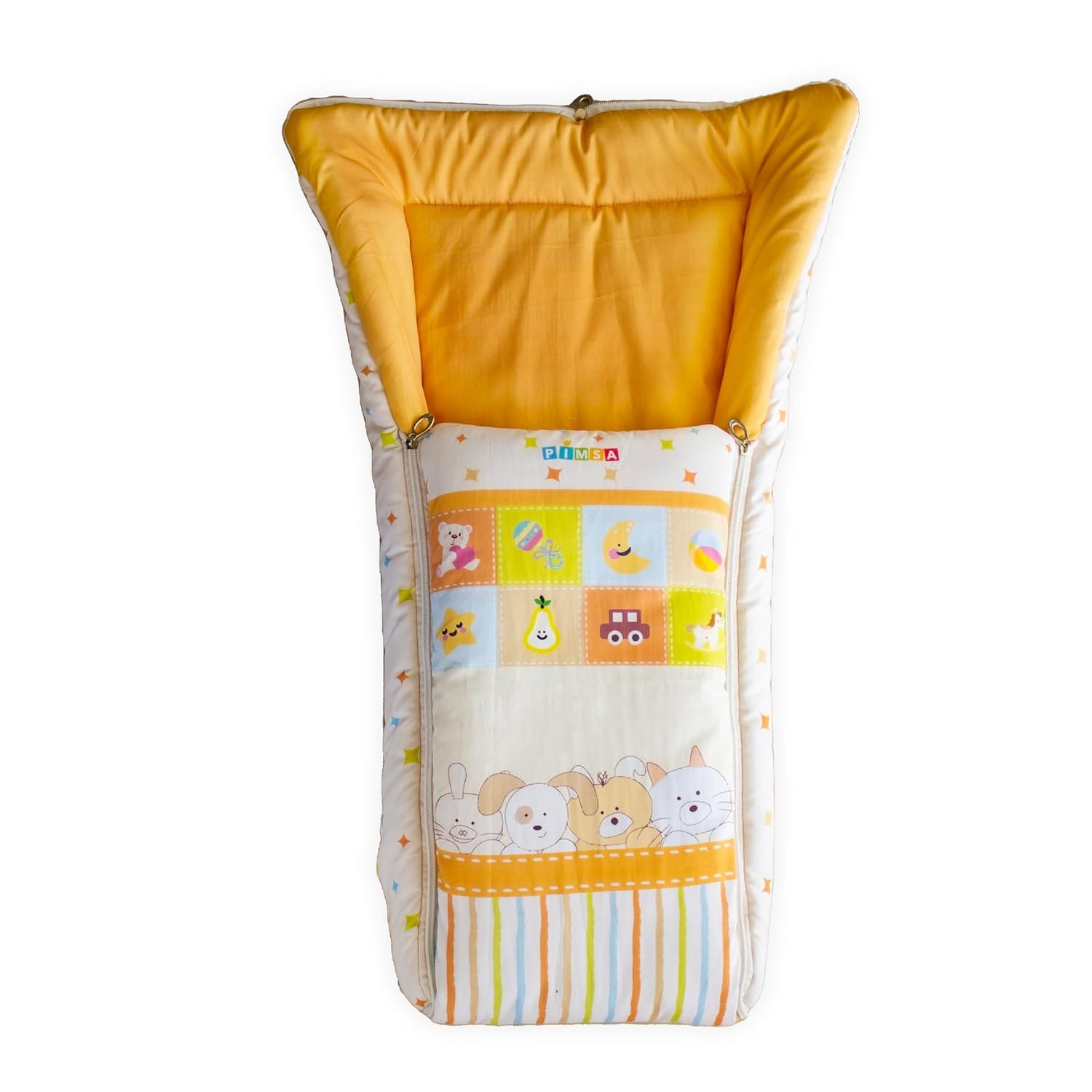 pimsa india Extra Fluffy Sleeping Bag and Convertible for new Born Baby Peach color Puppy theme top view with head open